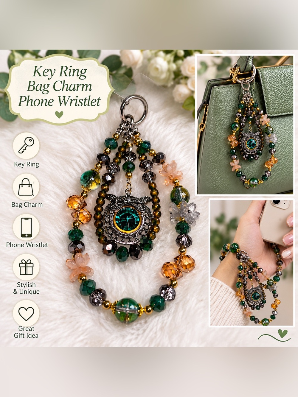 Green and Gold Beaded Key Ring Bag Charm with Crystal Medallion